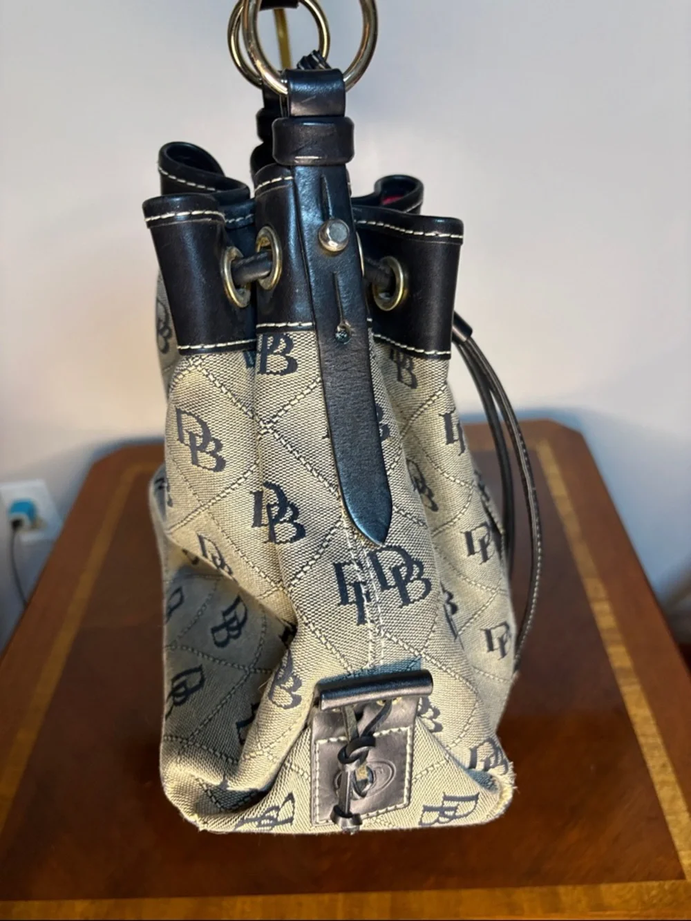 Dooney & Bourke Black Trim Signature Logo Drawstring Bucket Bag